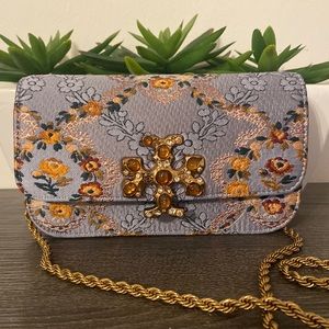 Tory Burch Floral Embroidered Bag - Gray and Gold